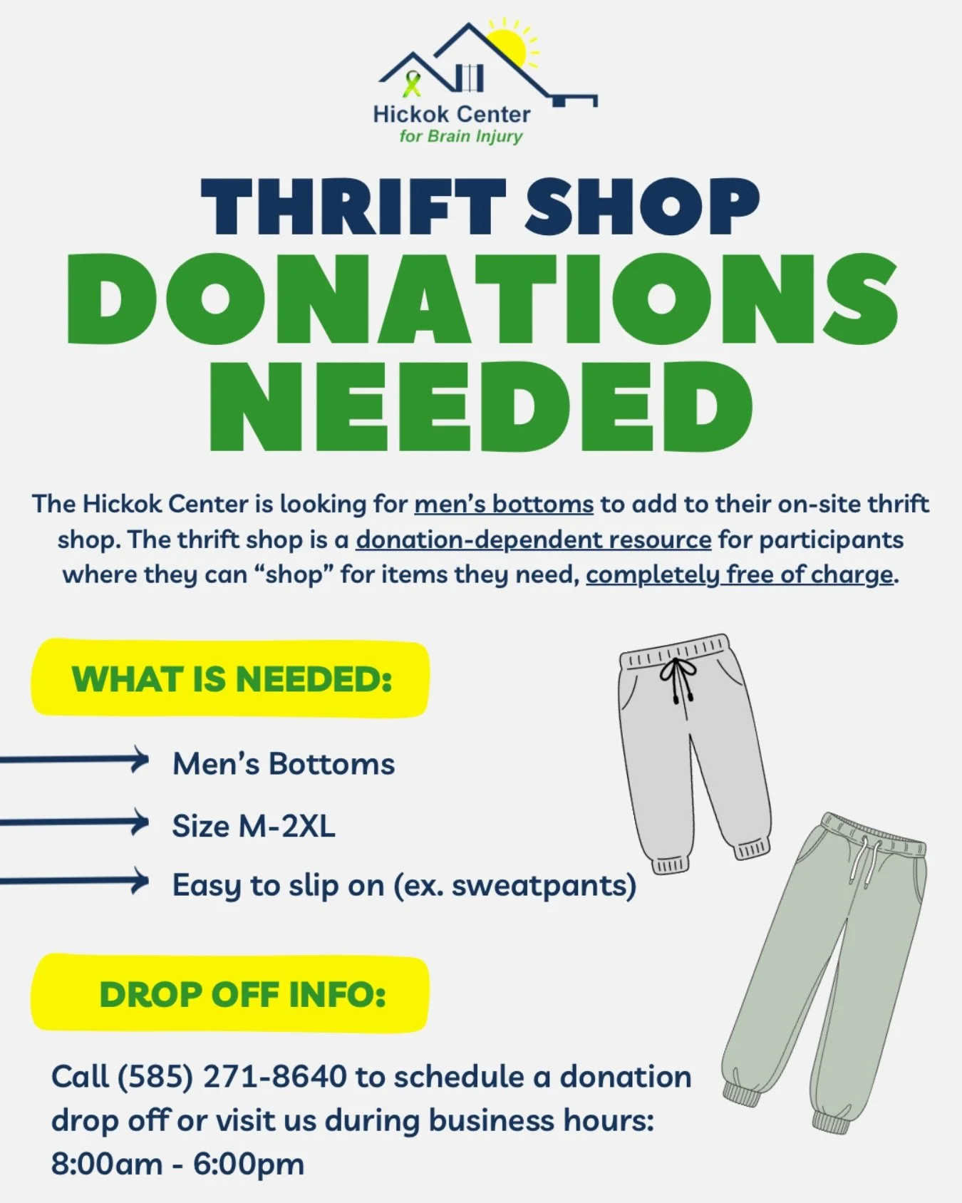 We&rsquo;re in need of donations for our on-site thrift shop!! 

Right now, we&rsquo;re especially in need of men&rsquo;s bottoms (sizes M&ndash;2XL), like sweatpants or other easy-to-wear options.

Our thrift shop is a completely donation-dependent 