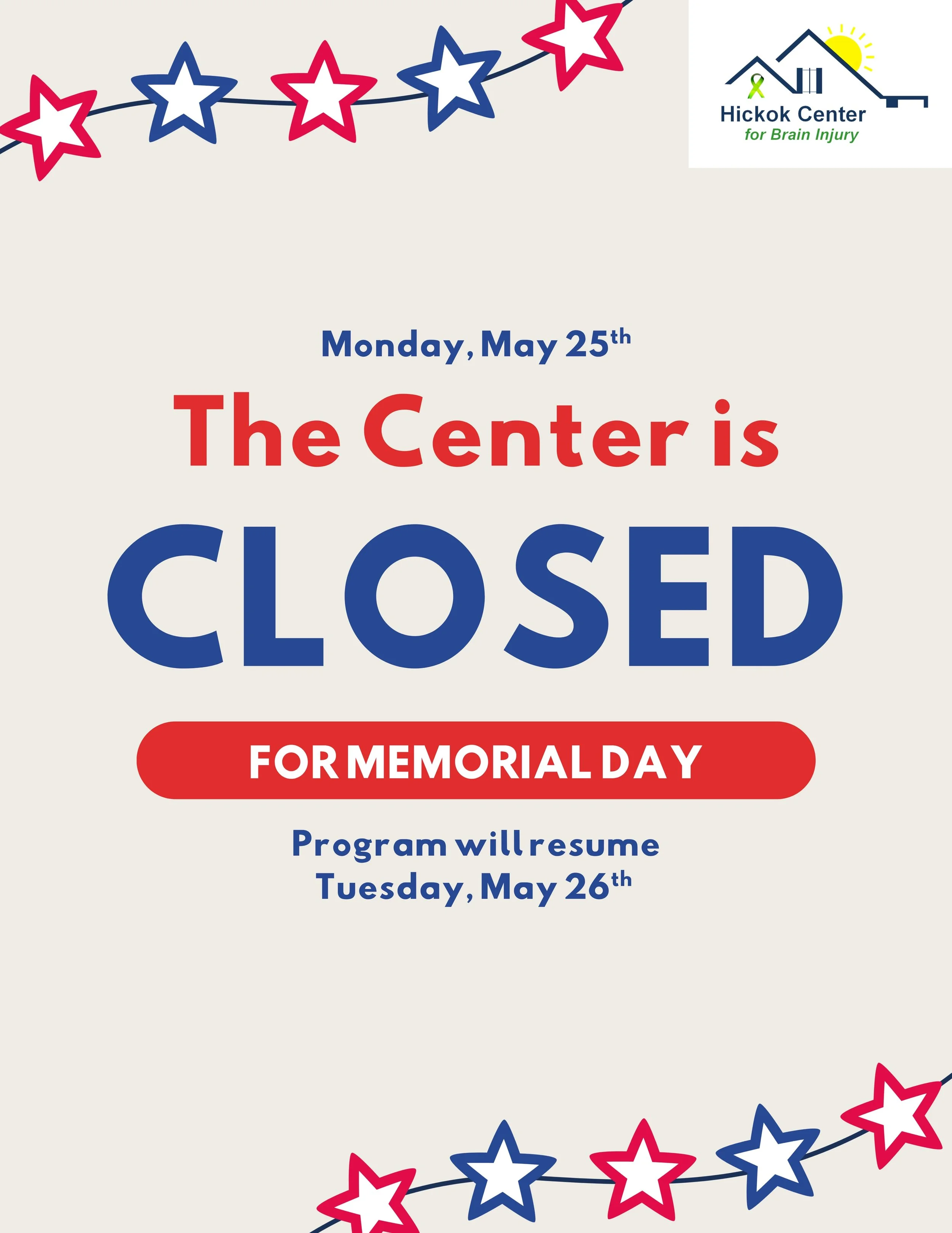 We are closed today for Memorial Day. Program will resume Tuesday, May 26th.