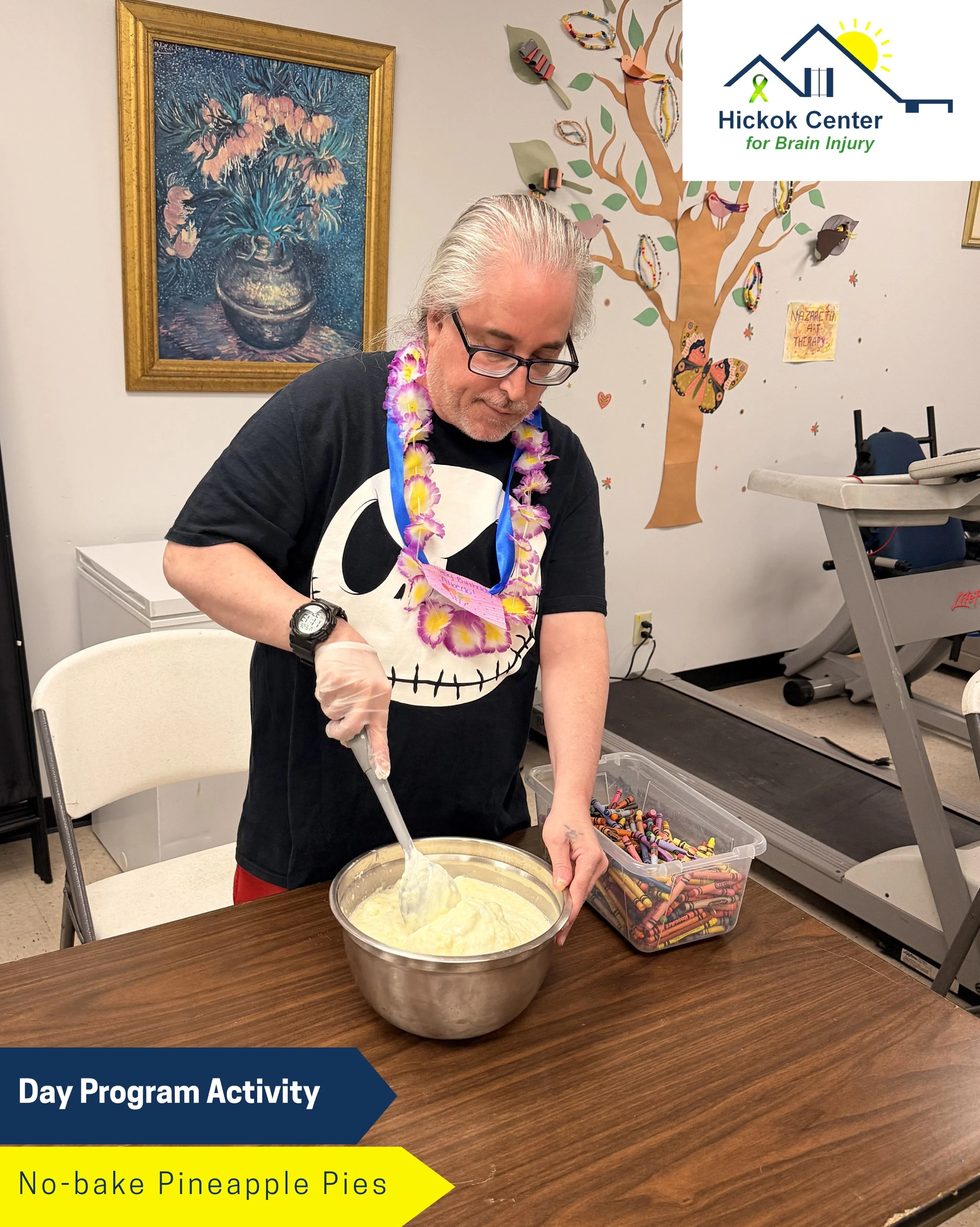 Today in day program, participants made no-bake pineapple pies! 🥧 Each participant was in charge of a different step in the process, and by the end it all came together and was ready to chill in the fridge for an after-lunch dessert.

Cooking activi