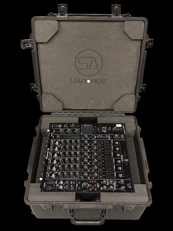 Open black hard case containing a DJ mixer and audio equipment with foam padding.