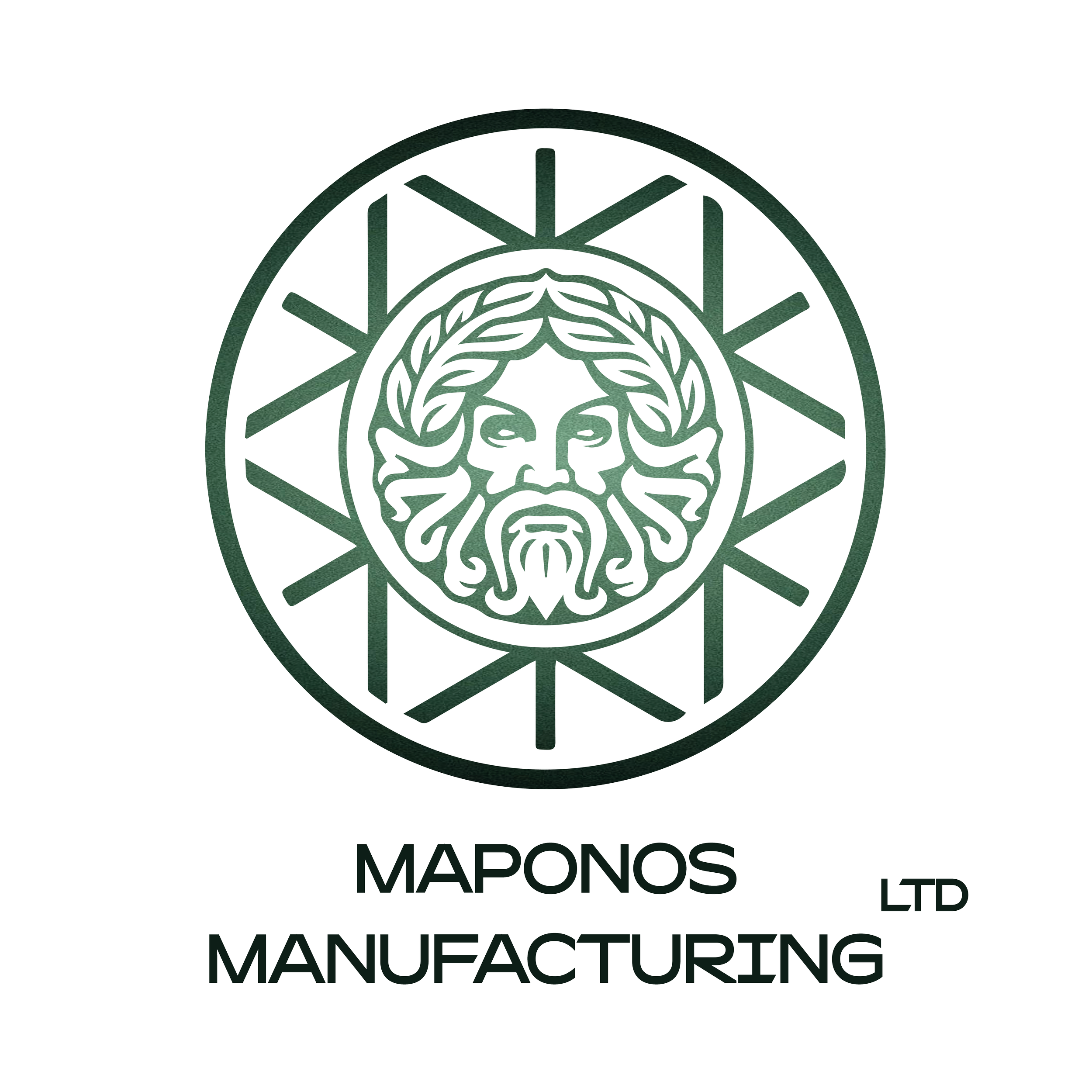 Logo of Maponos Ltd Manufacturing featuring a circular emblem with a bearded man's face, wreath, and radial lines, and the company name below.