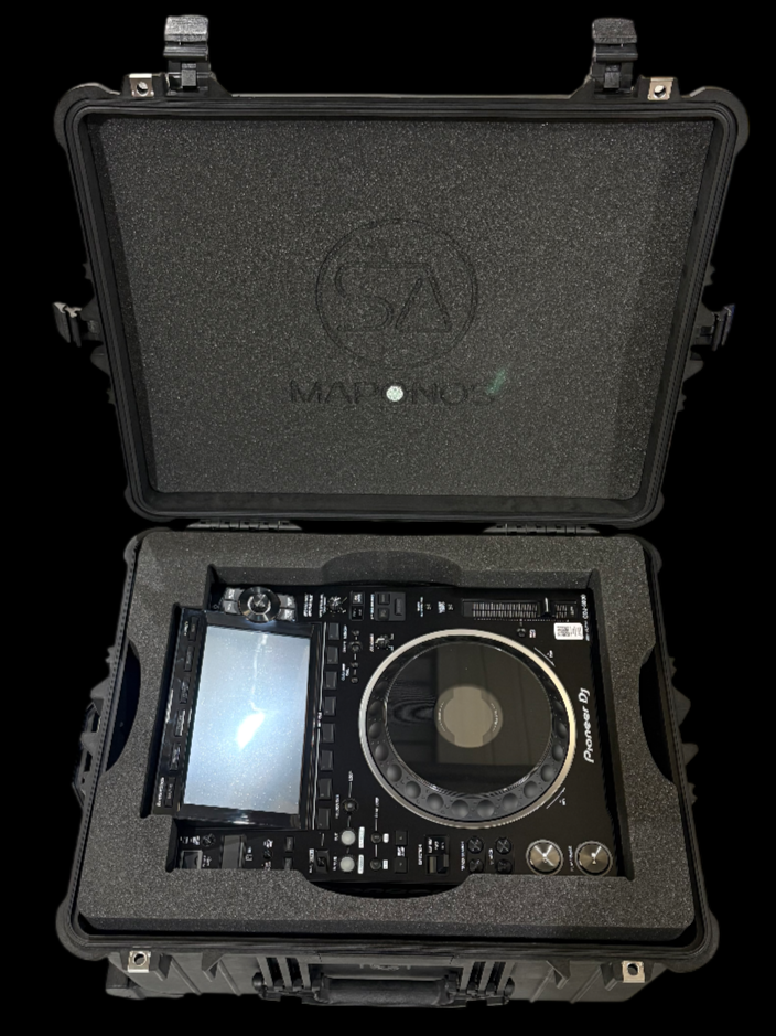A Pioneer DJ controller inside a protective black carrying case with foam padding.