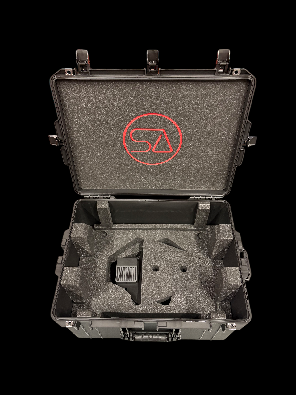 Open black protective case with foam interior and red logo on the inside of the lid.