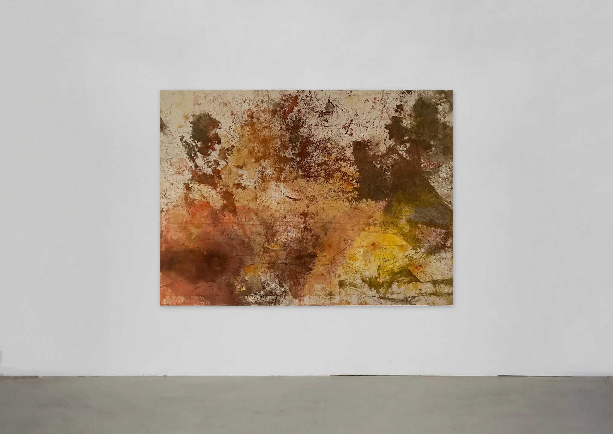 “Turning inward (51.5608° N, 0.1629° W; Autumn)”; Rain, dirt, snow, mud, oak leaves, maple leaves, dog paw prints, oil pastel, and acrylic on canvas; 135.5 cm x 183 cm; 2024