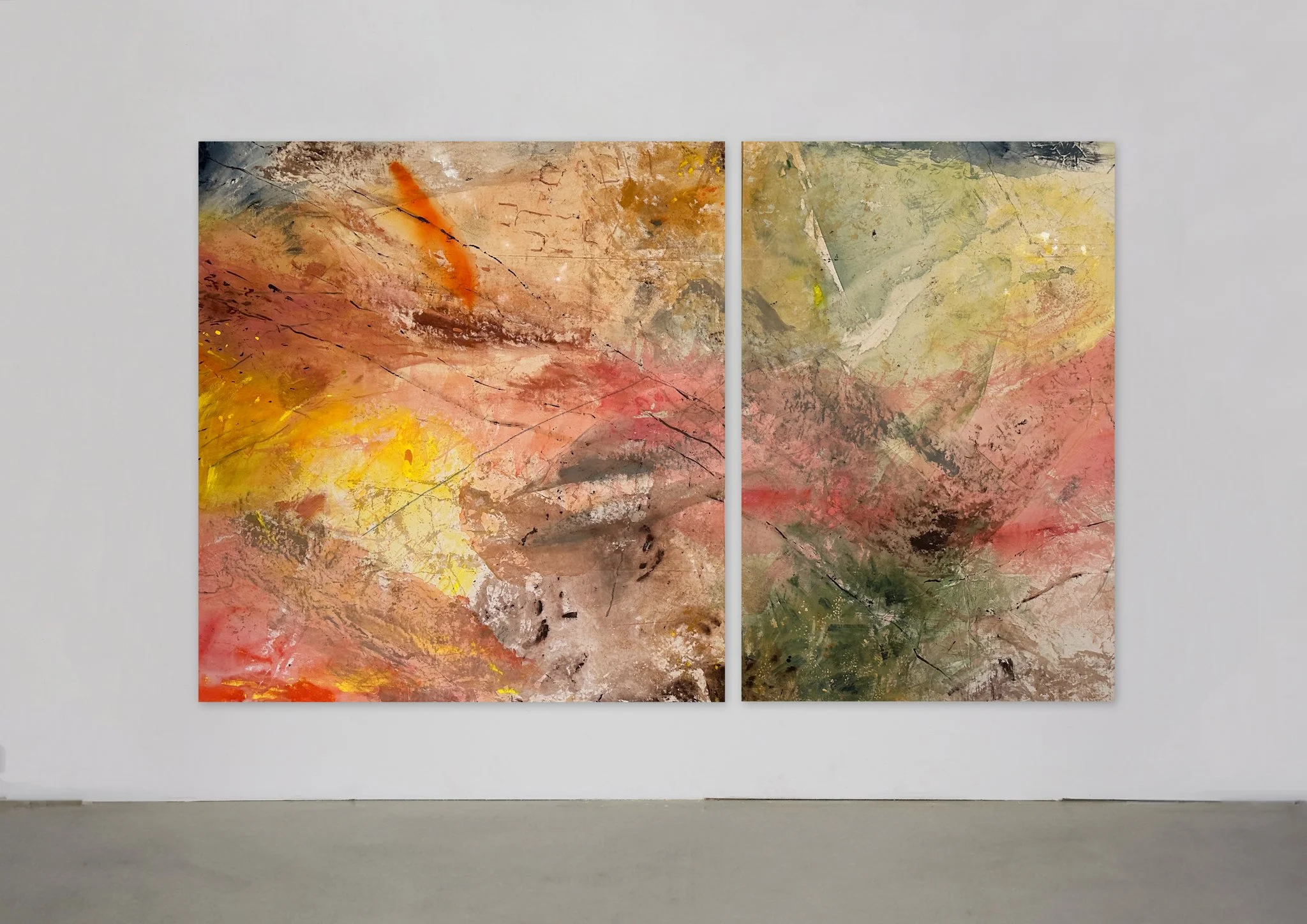 "Beneath the same sunset (50.4452° N, 104.6189° W; Spring; 51.5608° N, 0.1629° W; Autumn)"; Rain, tree bark, dirt, acorns, dog paw prints, acrylic, and oil pastel on canvas; 190 cm x 305.5 cm; 2024