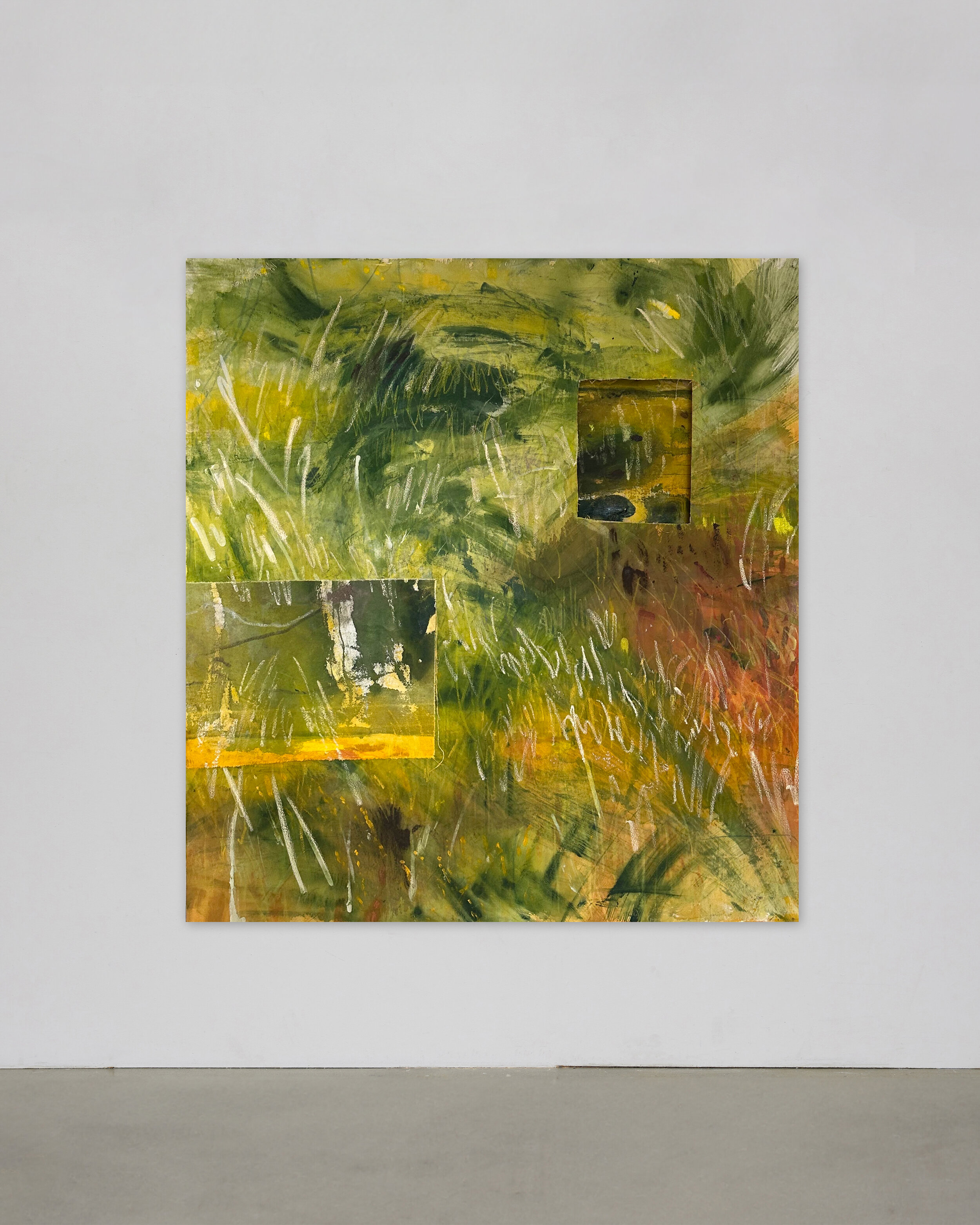 "A secret of our own (51.5608° N; 0.1629° W; Summer)"; 130 cm x 120 cm; Dirt, grass seeds, dog paw prints, acrylic, and oil stick on canvas; 2025