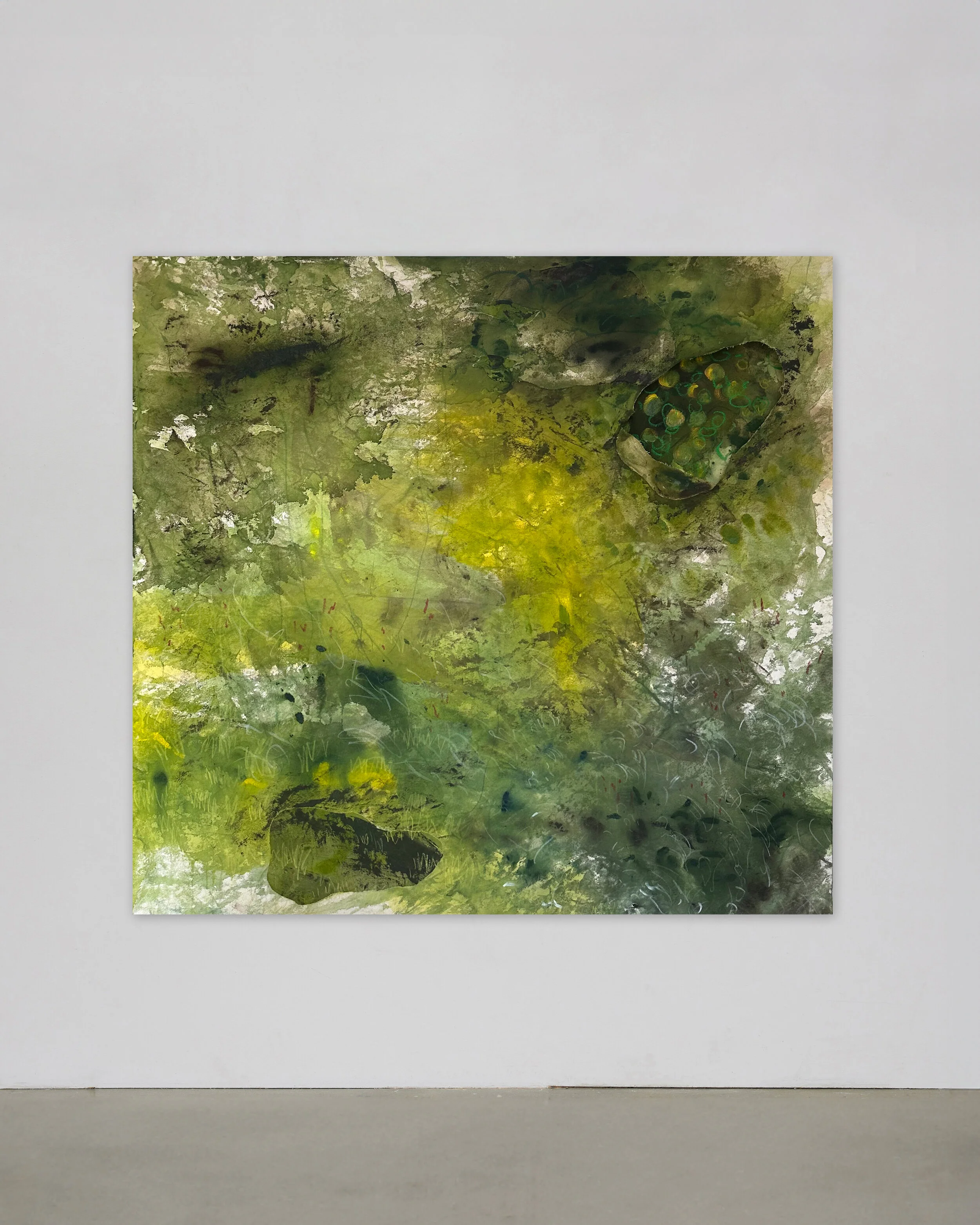 "Growing quietly and softer (51.5608° N, 0.1629° W; Summer)"; Dirt, dog paw prints, acrylic, oil pastel on canvas; 134 cm x 142 cm; 2025