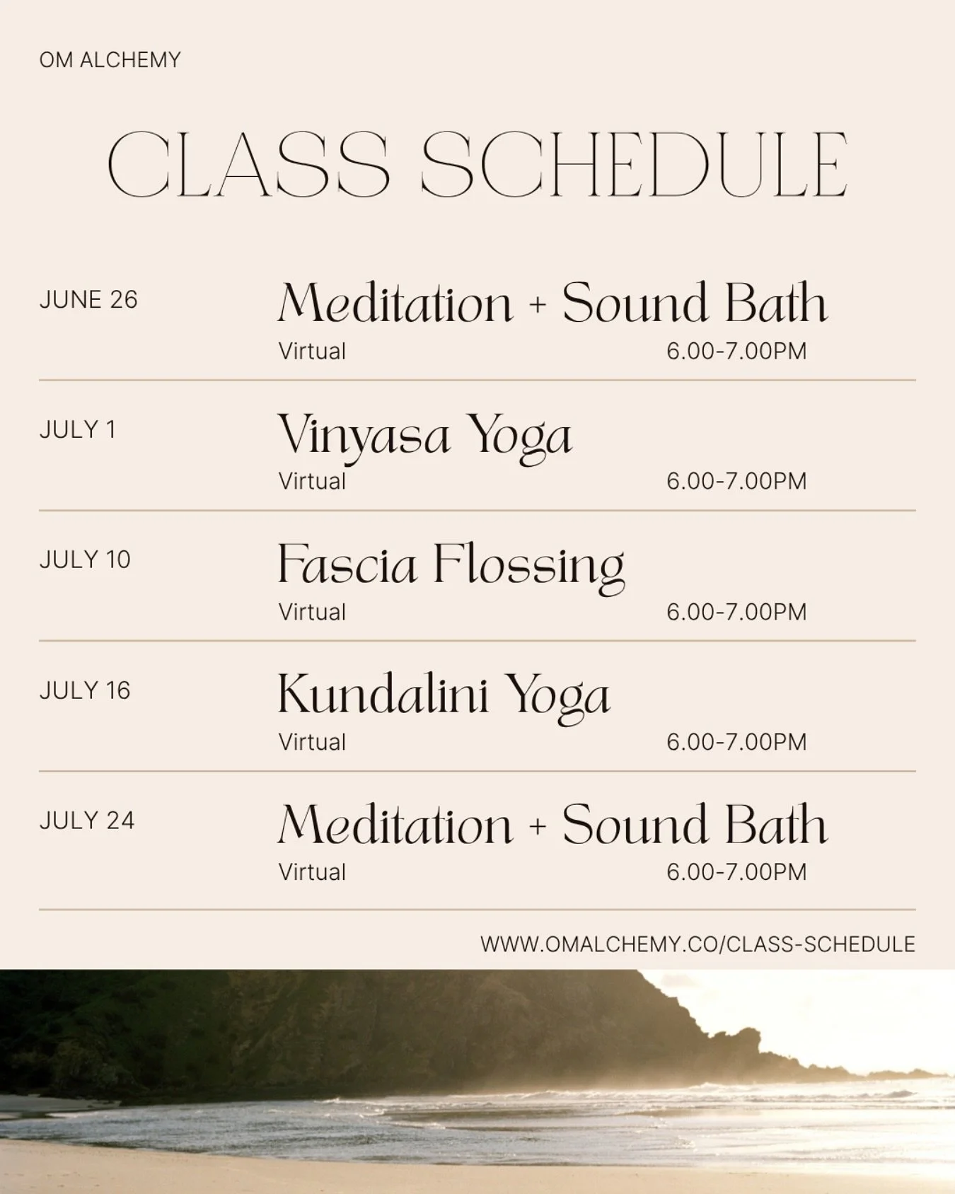 Upcoming virtual classes!
Sign up at www.omalchemy.co/class-schedule

#OnlineYogaClasses #VirtualYoga #MeditationOnline #YogaAnywhere #PracticeFromHome
#OnlineWellness #DigitalYogaStudio #ZoomYogaClass #OnlineVinyasa #OnlineMeditation
#HomeYogaPracti