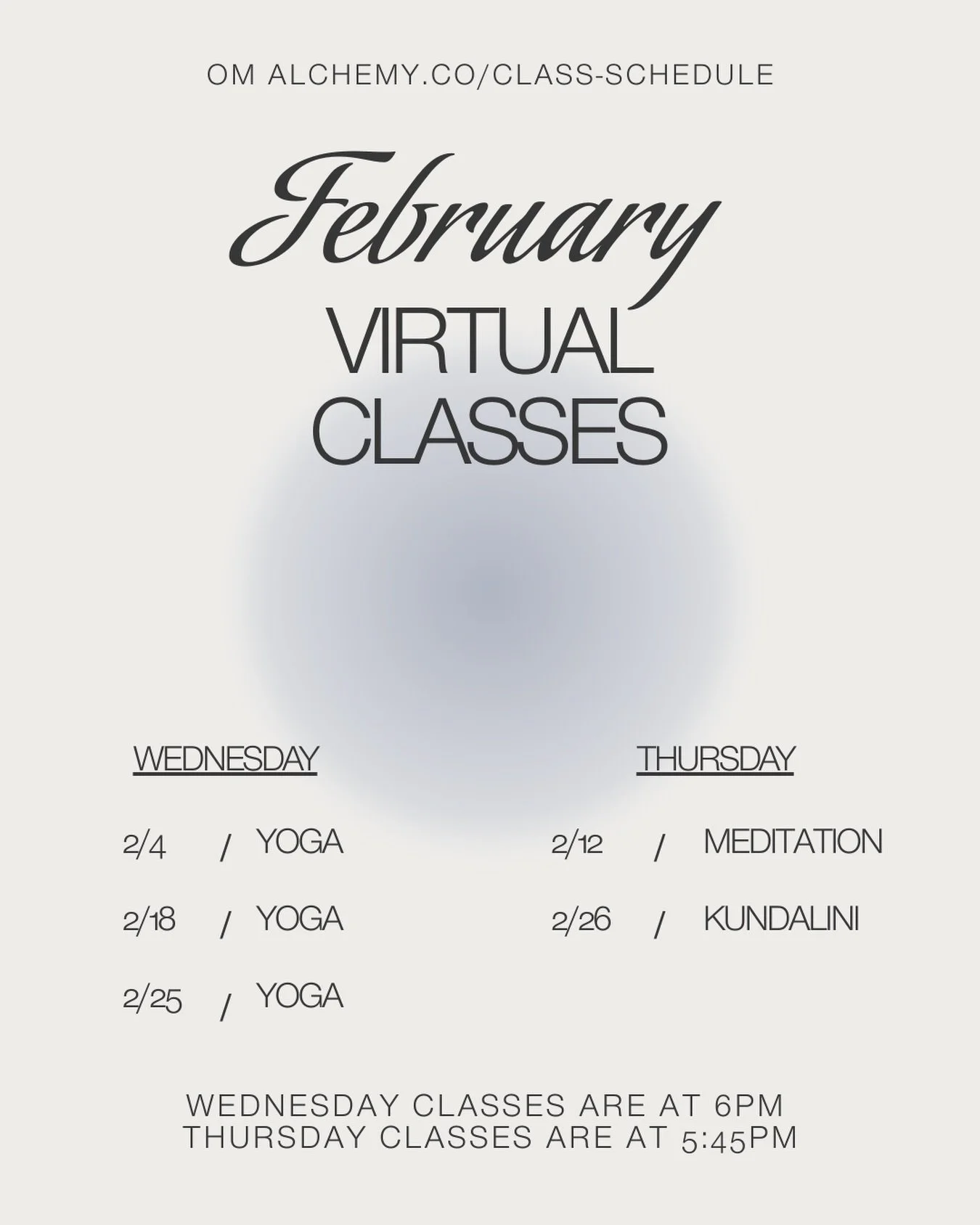 FEBRUARY VIRTUAL SCHEDULE 🕉️

Slight change &mdash; I moved the virtual Tuesday class to Wednesdays, as I&rsquo;m now teaching at a local studio on Tuesday evenings. All Wednesday yoga classes will be at 6pm and Thursday classes will be at 5:45pm, a