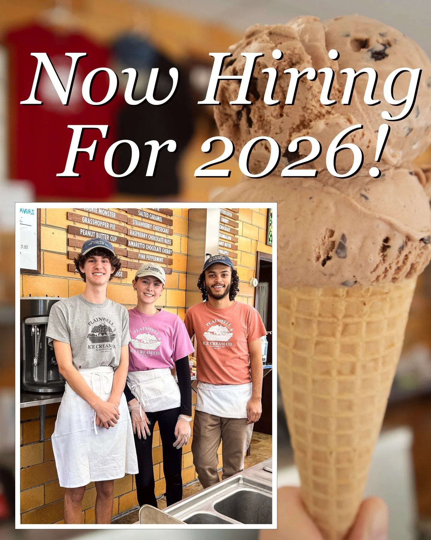 Come join our crew! Plainwell Ice Cream is now hiring great scoopers for the 2026 season, apply now at plainwellicecream.com! (Link in our bio)
