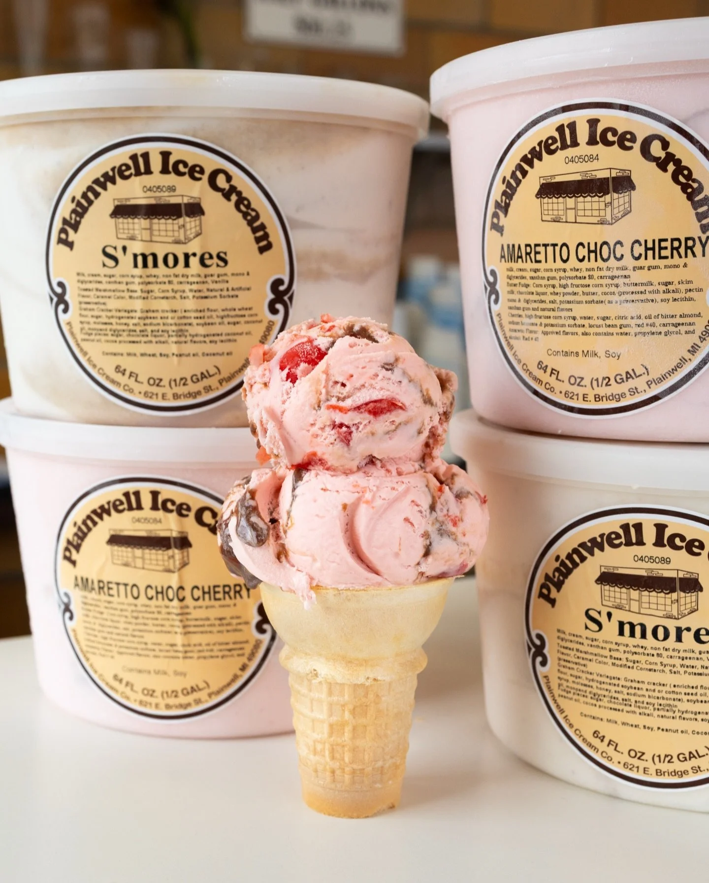 Great news!! We finally have Amaretto Chocolate Cherry, for scoops and 1/2 gallons, and S&rsquo;mores 1/2 gallons are also finally back in stock!