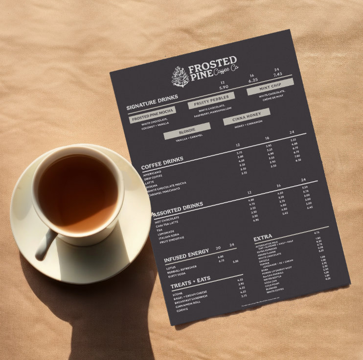 Menu design for Frosted Pine Coffee