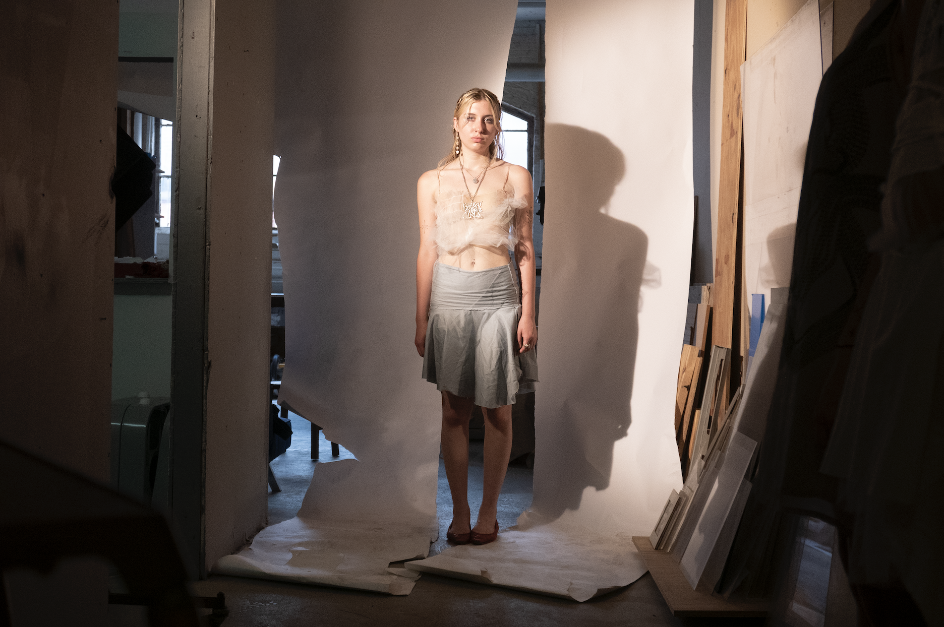Look 3:
Top: Bralette with Sublimation Print of Retinal Photograph - Tulle Bandeau.
Bottom: Waxed Organic Cotton Skirt.
Modelled by Willa Irene. Choreography and styling by Madeline Hansen. Photographed by Luca Klauba. S/S 2025