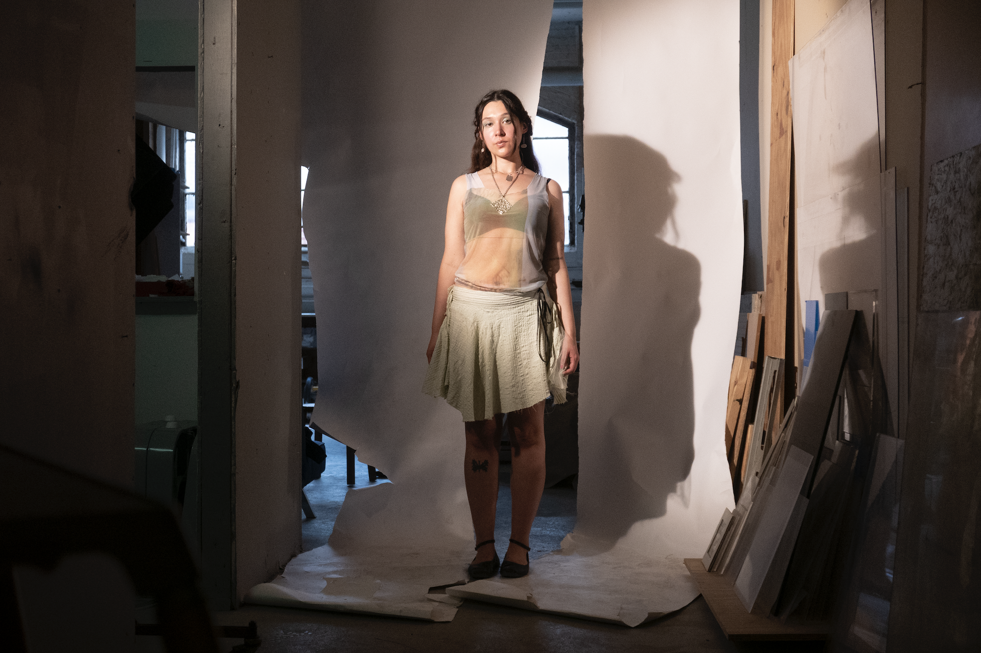 Look 1:
Top: Hand-Dyed Power Mesh Top with Sublimation Print of Retinal Photograph.
Bottom: Deadstock Silk Skirt with Tulle Accent.
Modelled by Giselle Torres. Choreography and styling by Madeline Hansen. Photographed by Luca Klauba. S/S 2025.
