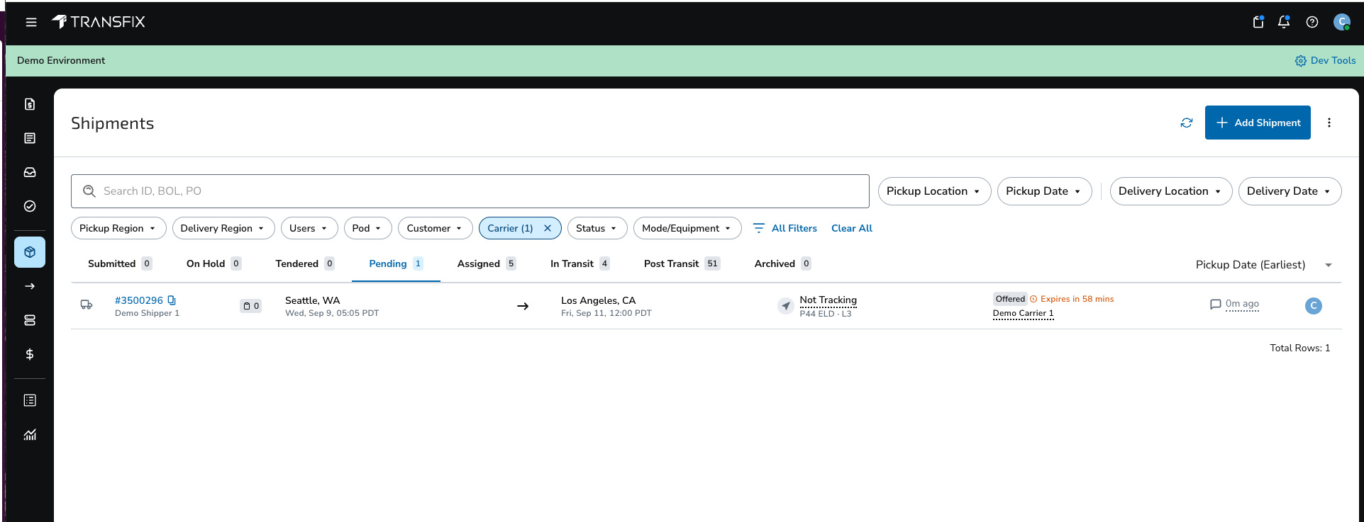 Carrier offer expiration time shown on the Transfix Shipments List