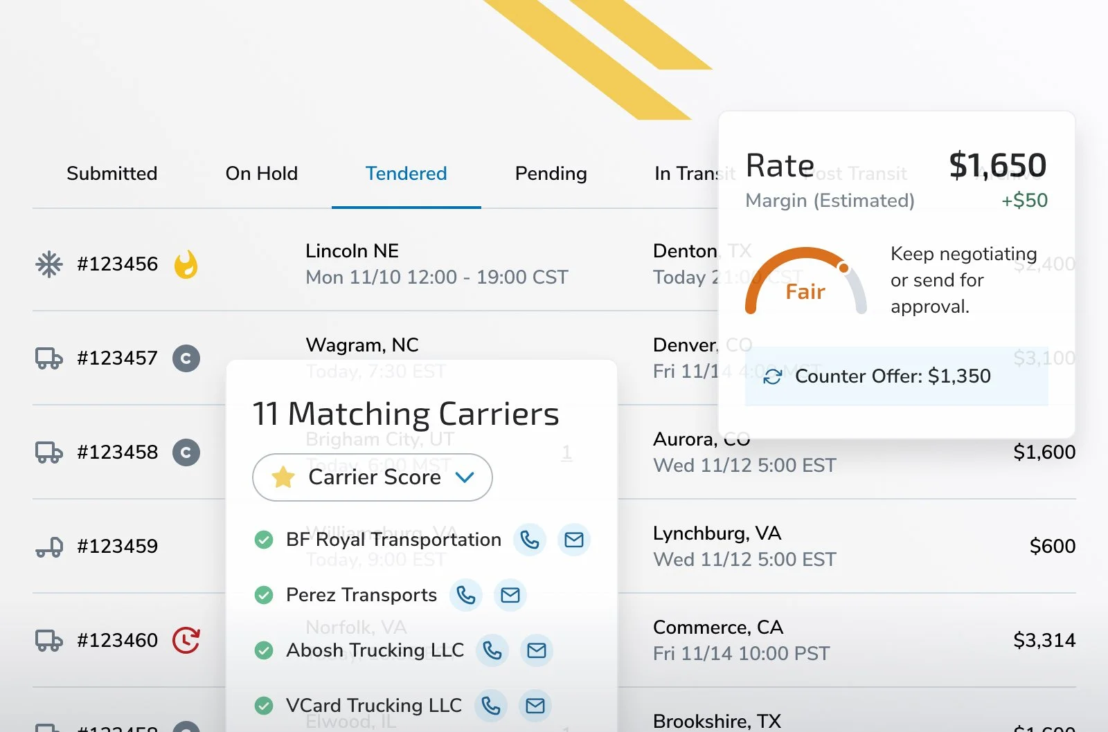 Screenshot of a digital interface showing a completed upload message for an RFP with 1,000 lanes, indicating it is ready for import. Contains a smart upload button, a note about rates being generated instantly, and an import button.
