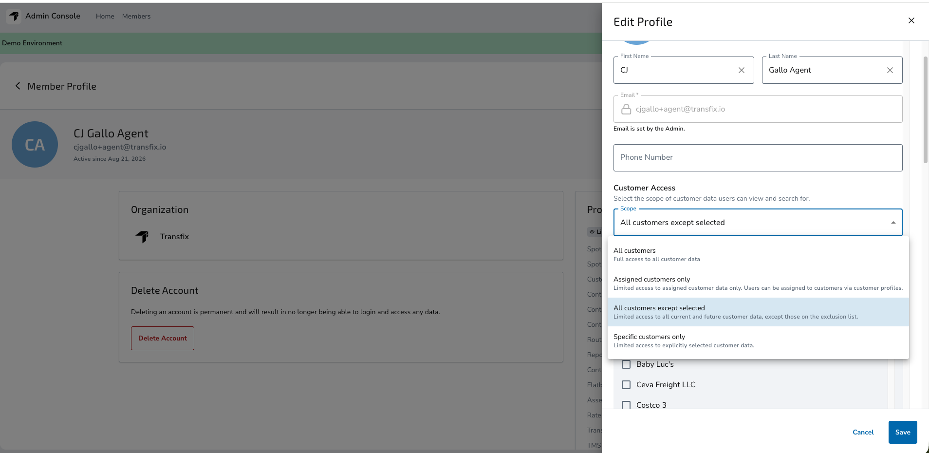 Account-based access settings letting an org admin choose which customers a user can see