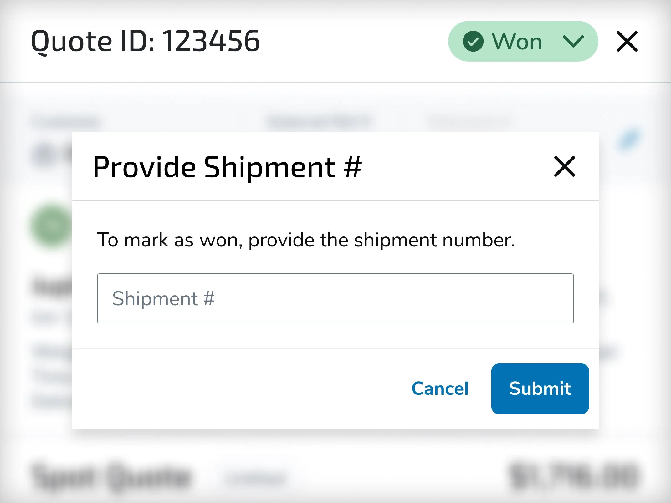 Spot Performance Monitoring comparing expected and actual shipper rate, carrier cost, and margin on won spot quotes
