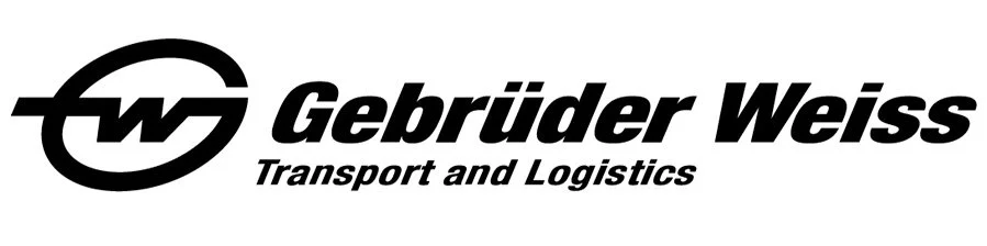 Abstract emblem of a G and a W with the text Gebrüder Weiss Transport and Logistics
