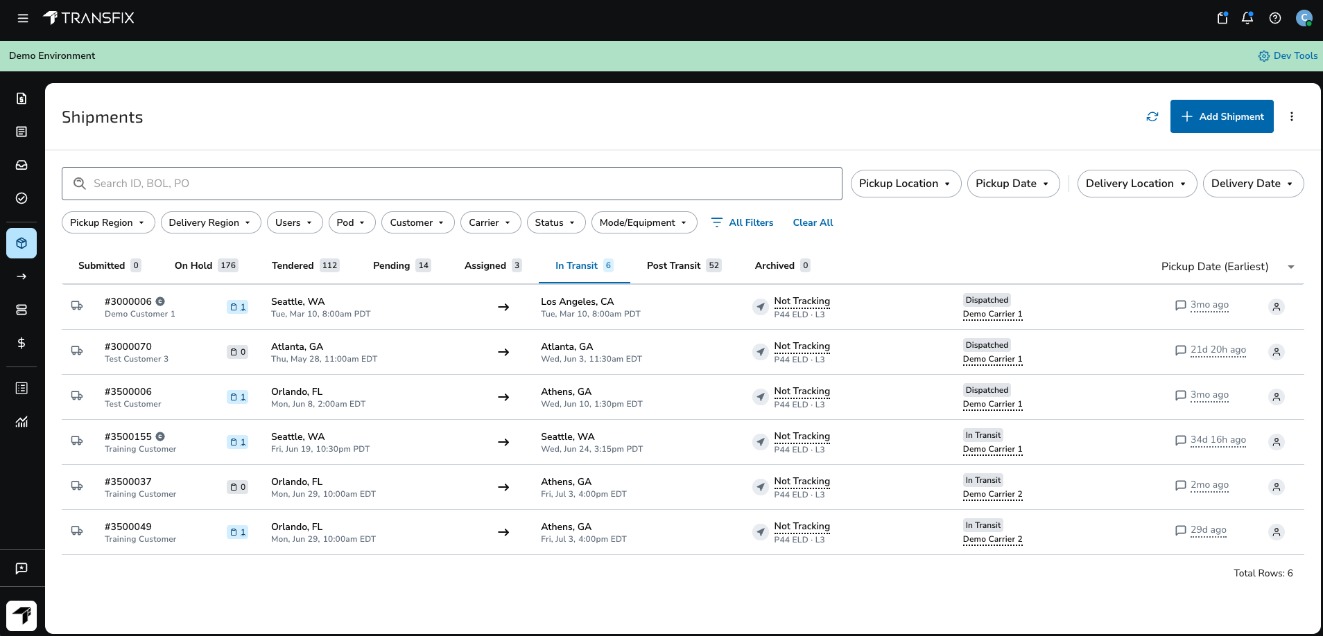 Refreshed Transfix TMS Shipments List with search, filters, and a shipment details side panel