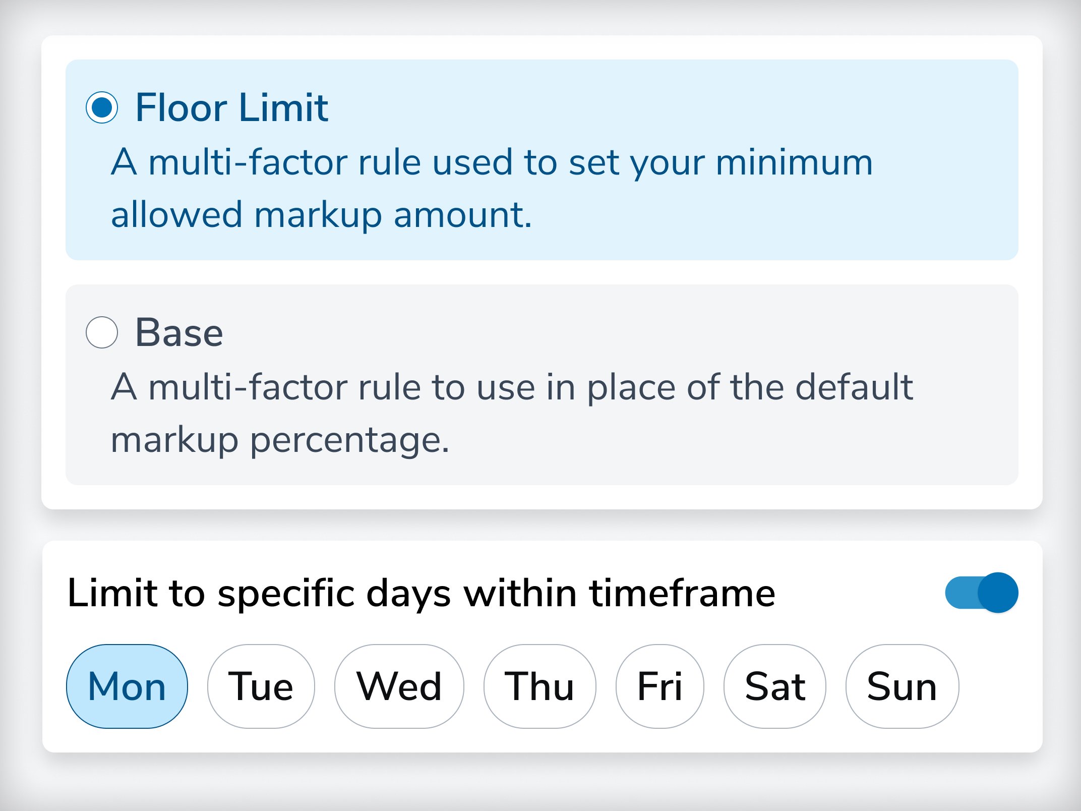 Day-of-week and floor margin pricing rules in the Transfix Rates Control Panel