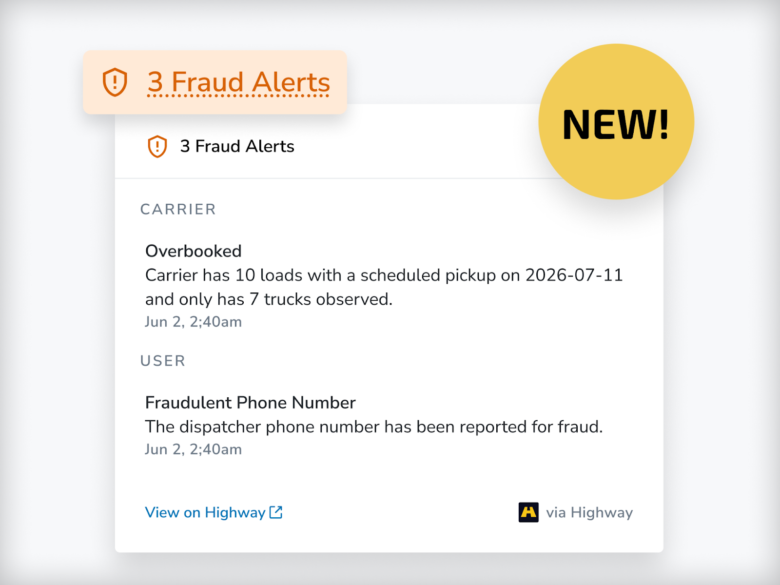 Highway Load Lock fraud alert flagged on a carrier during load coverage in the Transfix TMS