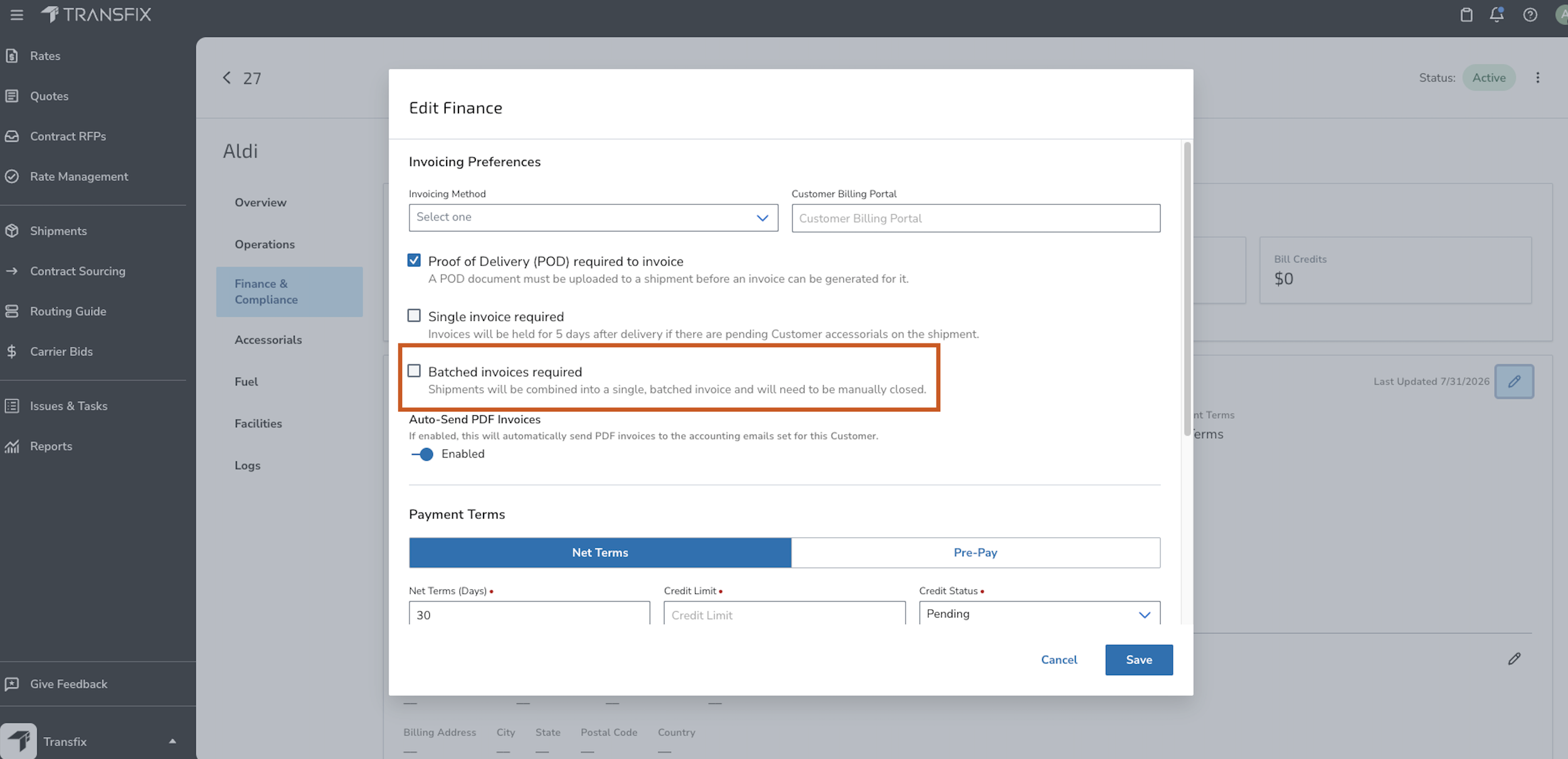 Batch invoicing setting on a customer profile in the Transfix TMS