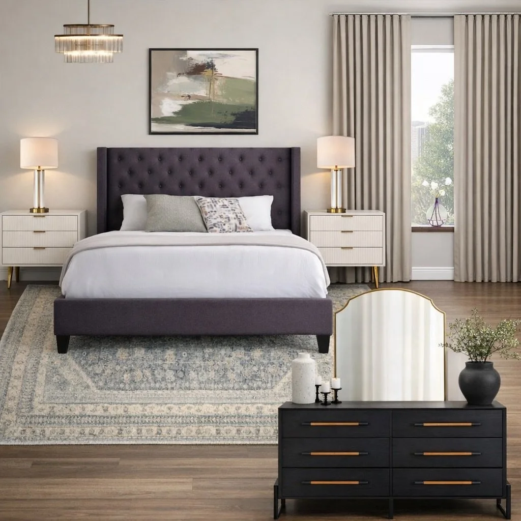 Bedroom design. Moodboard vs chat gpt :) of course the dresser should be by the wall and not standing in the middle of the room😆 but still this bedroom turned out so elegant  and has so much character.

Dm me if you are ready for bedroom redesign(or