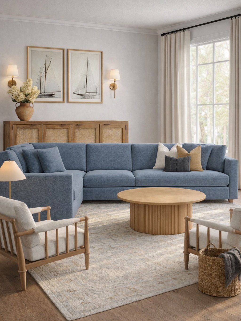 Summer coastal vibes ☀️
Soft blues, warm wood, natural textures - everything about this room feels calm and relaxed. A little bit of Cape Cod at home.

Would you choose a blue sofa for your living room?

If you want help designing a space like this, 