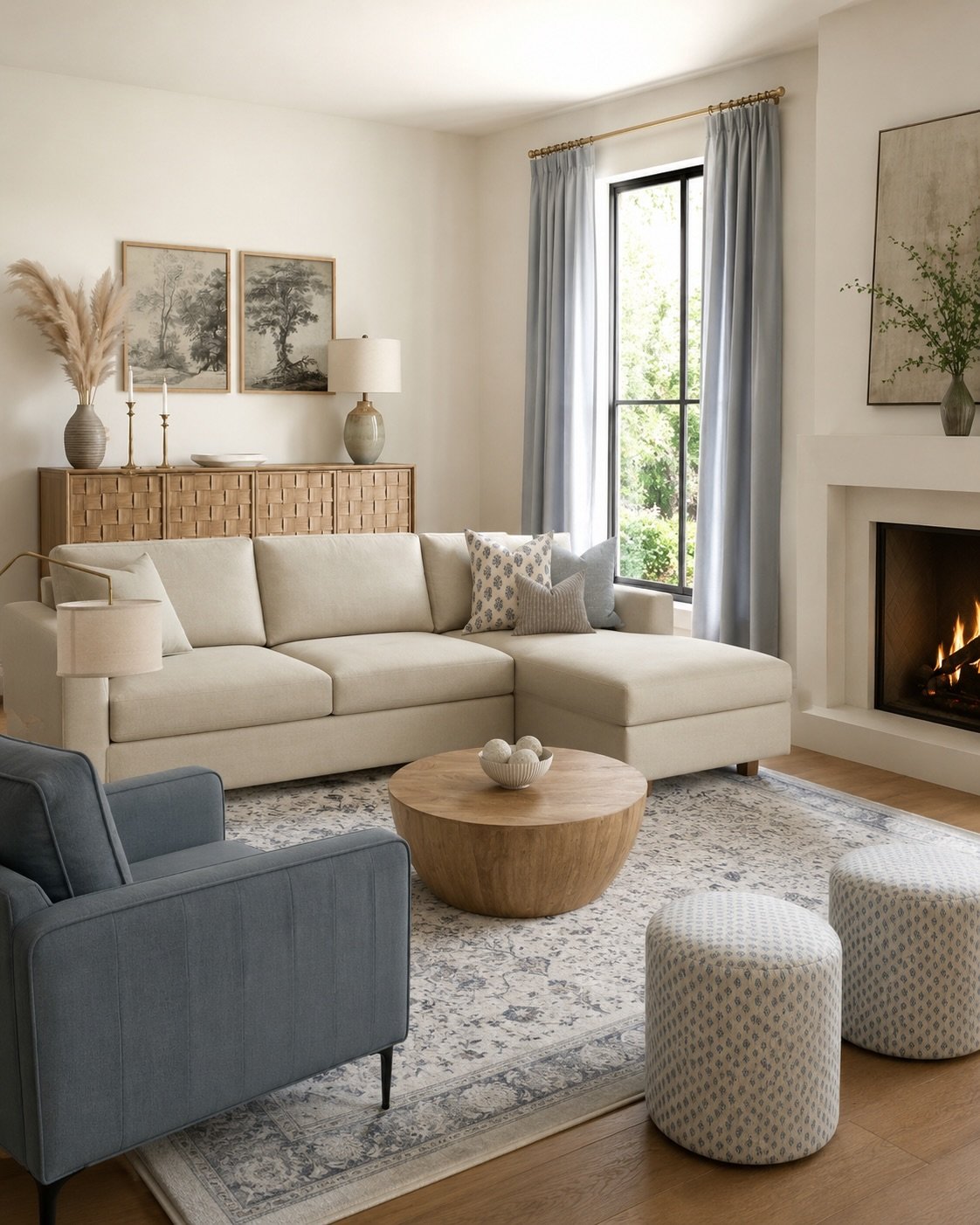 Realistic rendering ➡️moodboard ➡️before 

The goal for this living room was to create a space that feels cozy, inviting, and functional for a family. We added plenty of comfortable seating for everyday life and entertaining, while keeping the room w