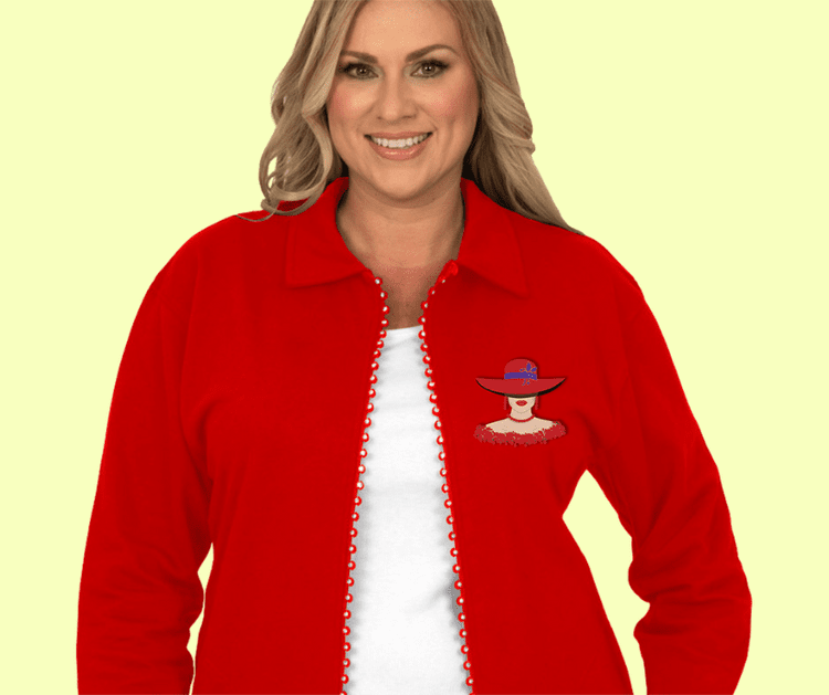 Red Hat Woman | Red Crystal Zip Sweater — Two Stars Embroidery Co.
