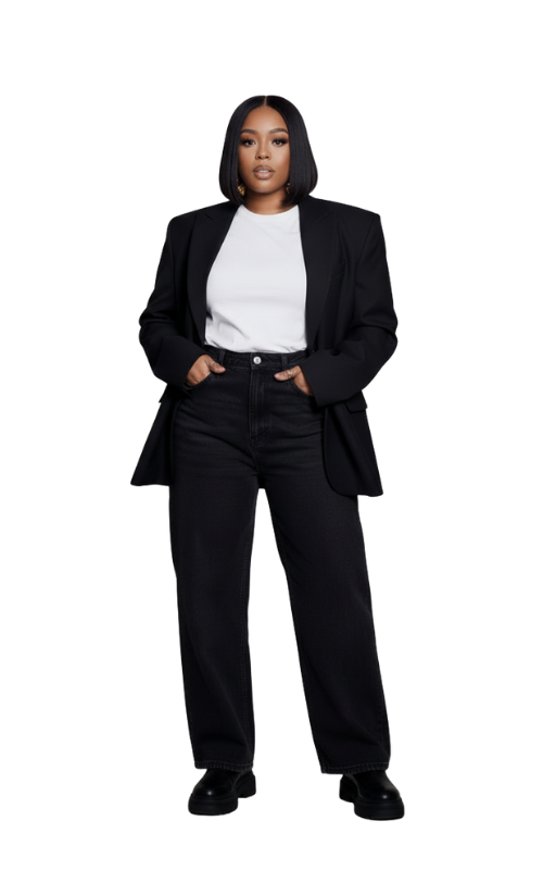 Woman in a black blazer, white t-shirt, black pants, and black shoes standing with hands in pockets.