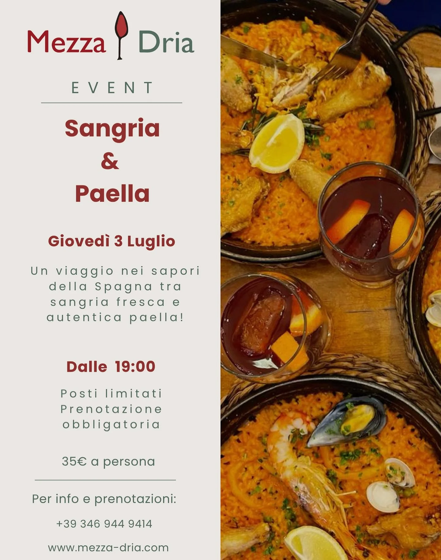 Sangria, Paella e Buona
Compagnia a Mezzadria
Gioved&igrave; 3 luglio, vi aspettiamo a Mezzadria per una serata d&rsquo;estate all&rsquo;insegna dei sapori spagnoli e dell&rsquo;aria buona!

Sangria fresca
Paella da leccarsi i baffi
Relax e chiacchie