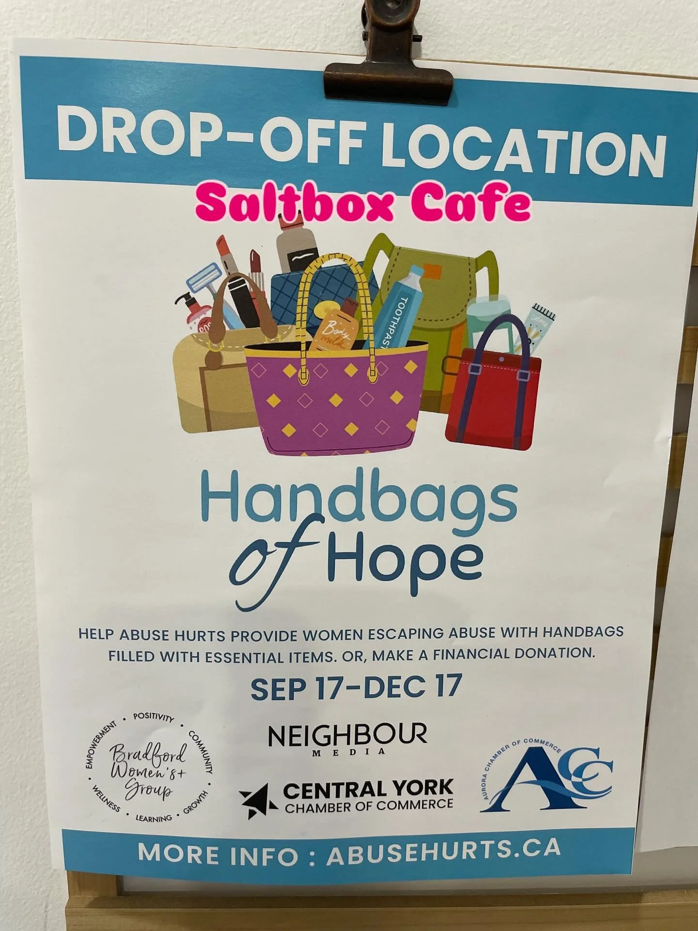 Hello Friends, just letting you know that Saltbox Cafe is a drop off location for Abuse Hurts&rsquo; annual Handbags of Hope campaign. Fill a new or previously loved handbag with essential items and drop it off at Saltbox Cafe located at 42 Wellingto