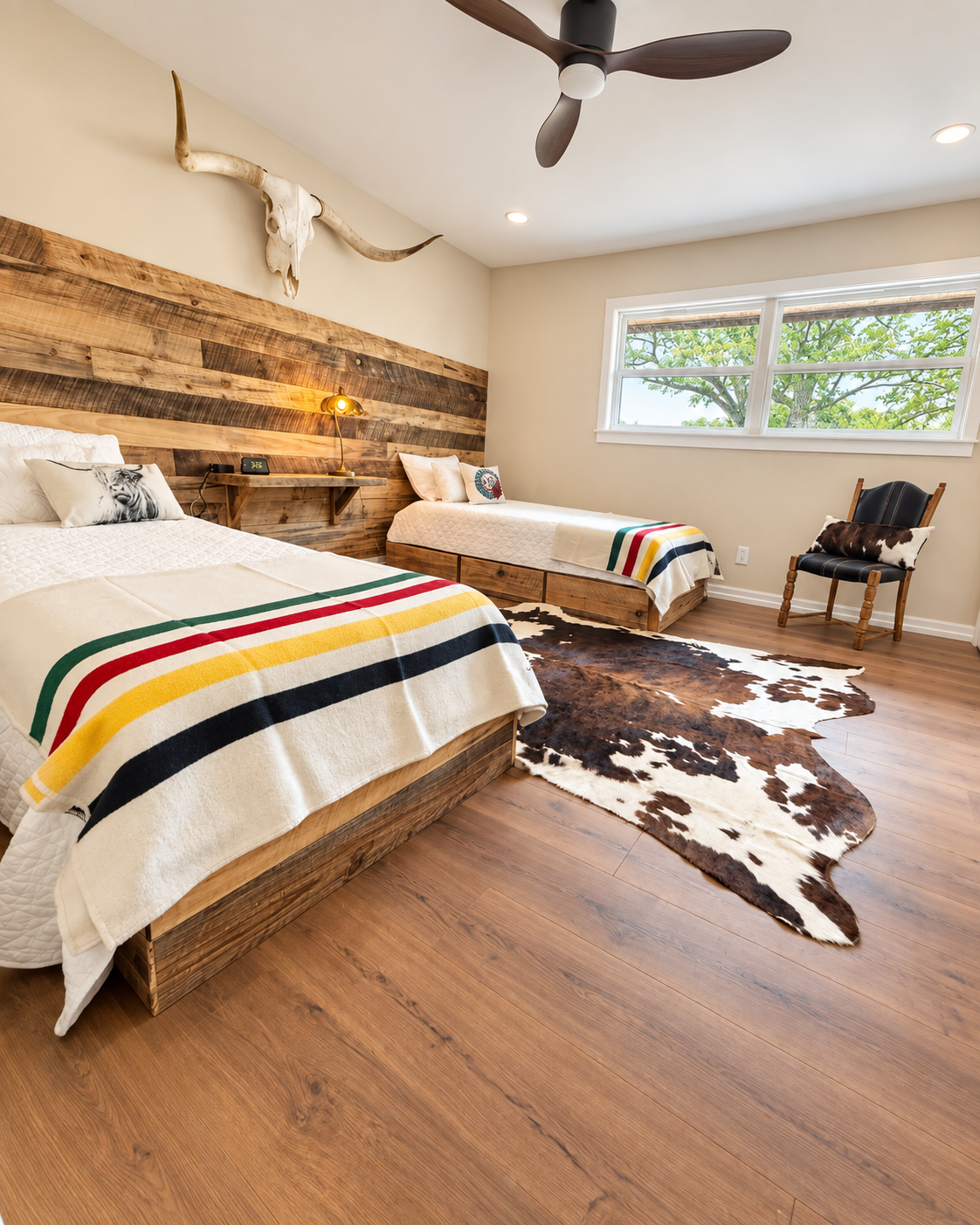 A bedroom with two beds, a cowhide rug, wooden flooring, a large window, and western-themed decor including a cow skull with horns on the wall.