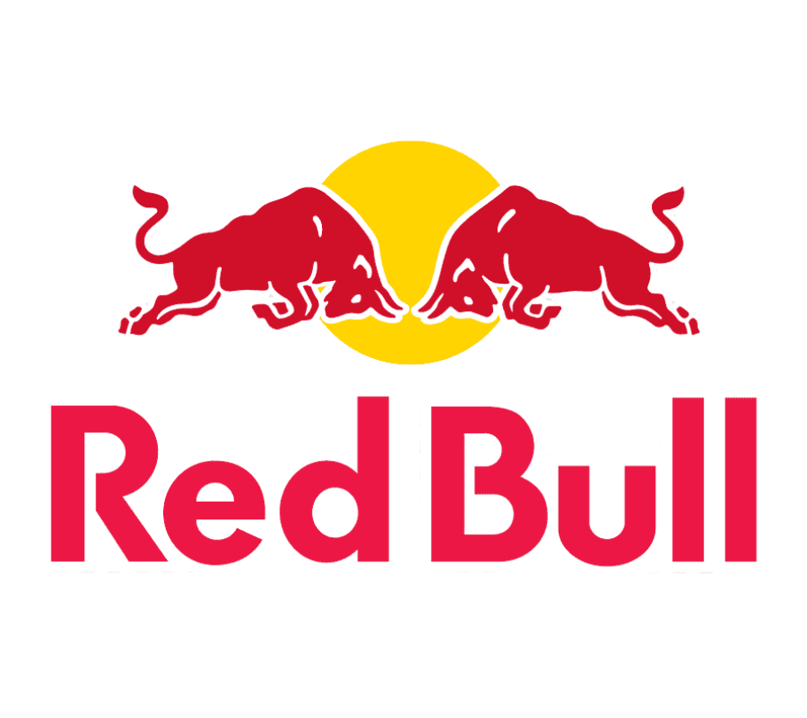 Red Bull logo featuring two red bulls charging towards each other with a yellow sun in the background and the words 'Red Bull' in bold red letters beneath.