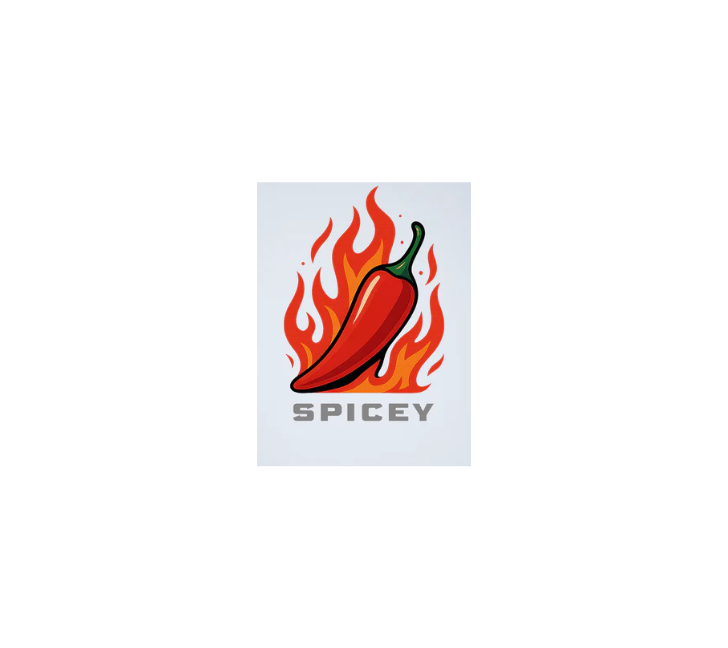 A red chili pepper with a green stem surrounded by orange flames, with the word 'SPICEY' below.