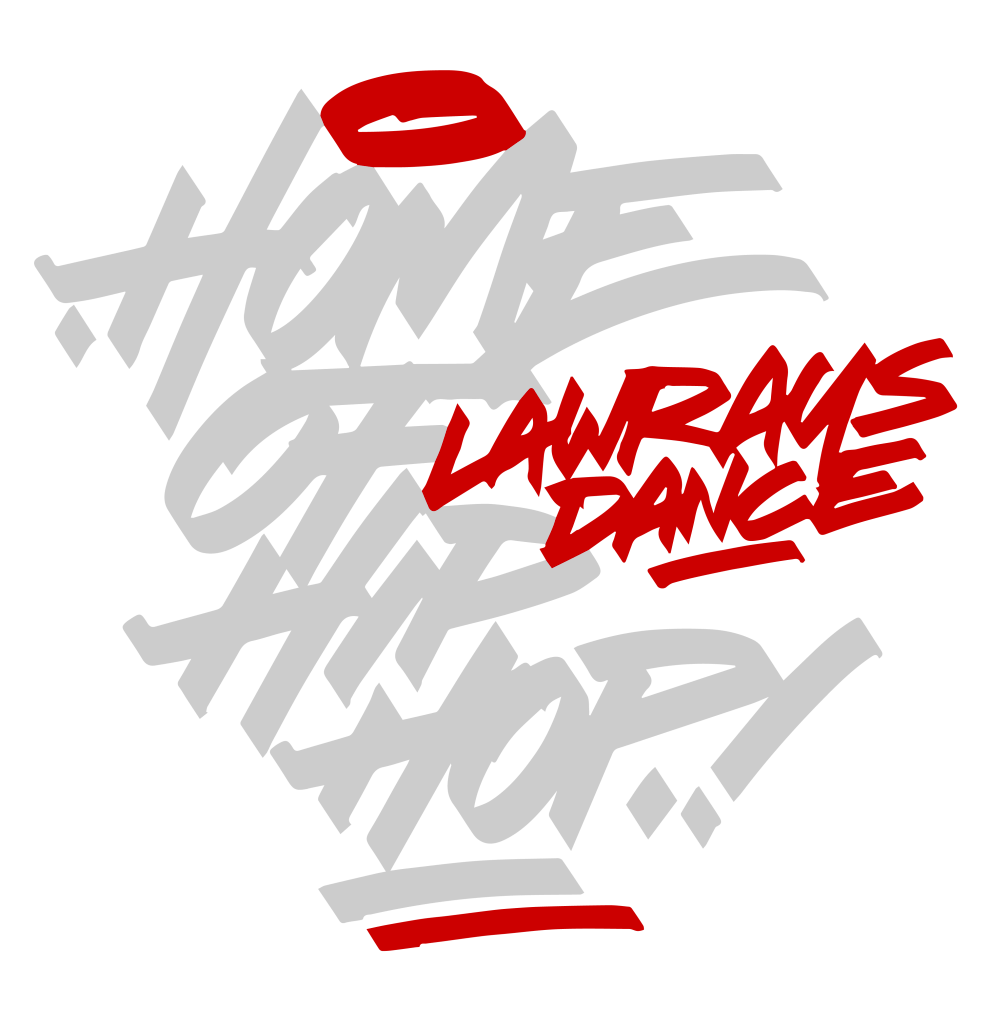 Text image with the words "Home," "LAWRAYS," and "Dance" in red, and other words in gray arranged in an abstract, graffiti-like style on a black background.