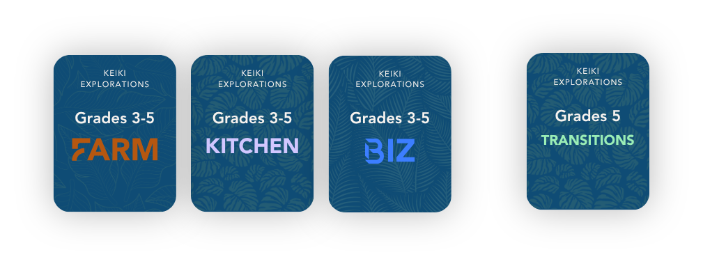 Keiki Explorations workbook covers for 3-5 and Keiki Transitions workbook cover