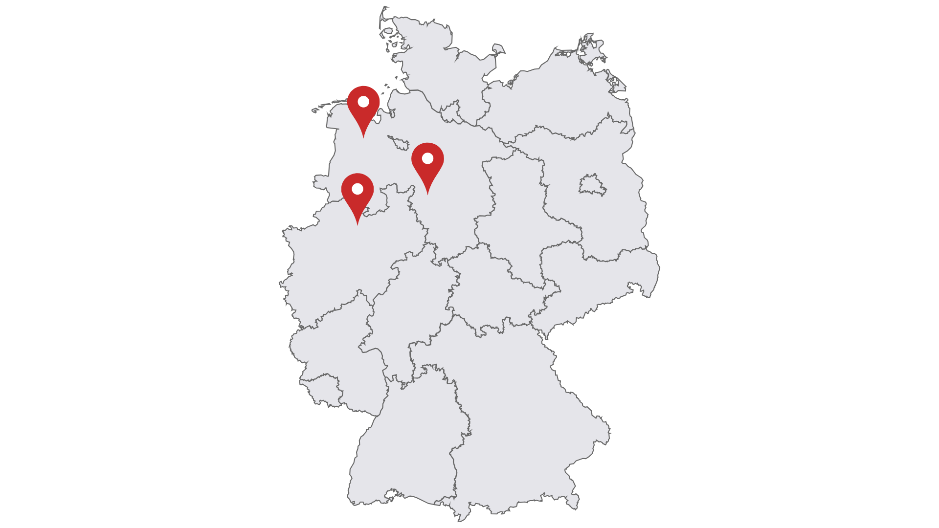 Karte von Deutschland mit drei roten Markierungen in verschiedenen Regionen.
