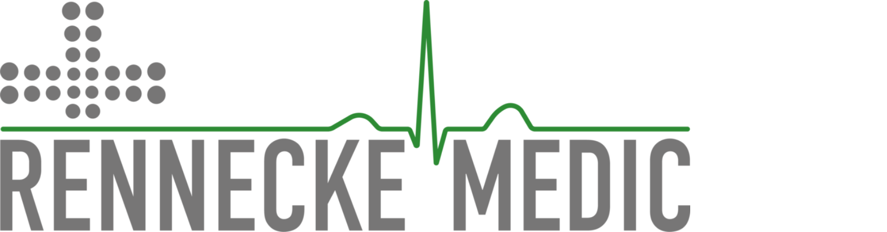 Logo mit einem medizinischen Herzschlag-Signal und dem Text 'RENECKE MEDIC' in Grau, mit grauem Symbol aus Punkten oben links.