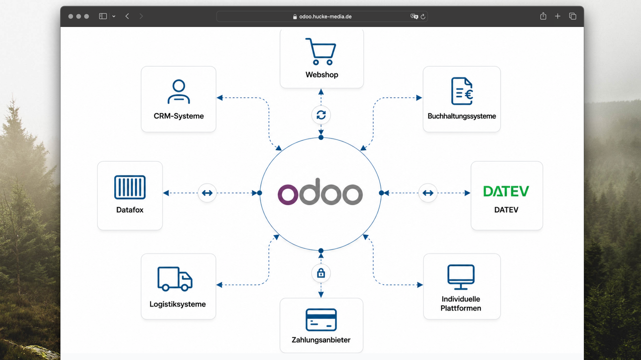 Diagramm zeigt die Integration verschiedener Systeme mit Odoo, einschließlich CRM, Buchhaltung, Lager und Zahlungsanbieter.