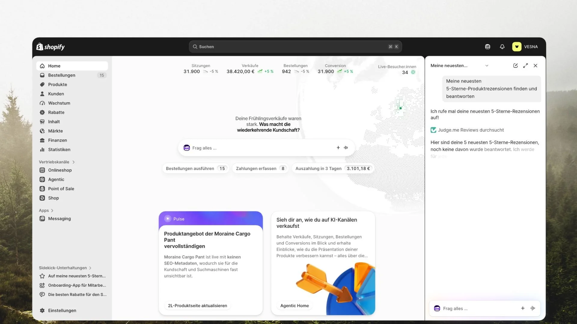Screenshot eines Shopify-Dashboards mit Menü auf der linken Seite, statistischen Kennzahlen oben, einem Chatfenster rechts und Produktinformationen in der Mitte. Im Hintergrund ist eine Waldlandschaft sichtbar.
