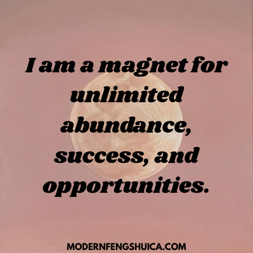 Motivational quote on a pink background with a circle, saying 'I am a magnet for unlimited abundance, success, and opportunities.'