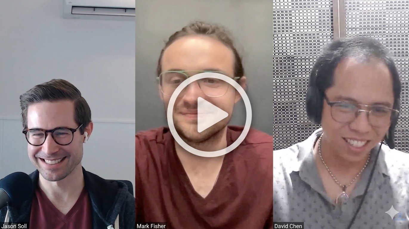 Three men are sitting or standing in a recording or video chat, each in separate frames. The man on the left has dark hair, glasses, and is smiling, wearing a dark hoodie and a red shirt. The man in the middle has light brown hair, glasses, and is smiling slightly, wearing a maroon t-shirt. The man on the right has black hair, glasses, headphones, and is smiling, wearing a patterned shirt and a necklace. All three appear to be engaged in a conversation.