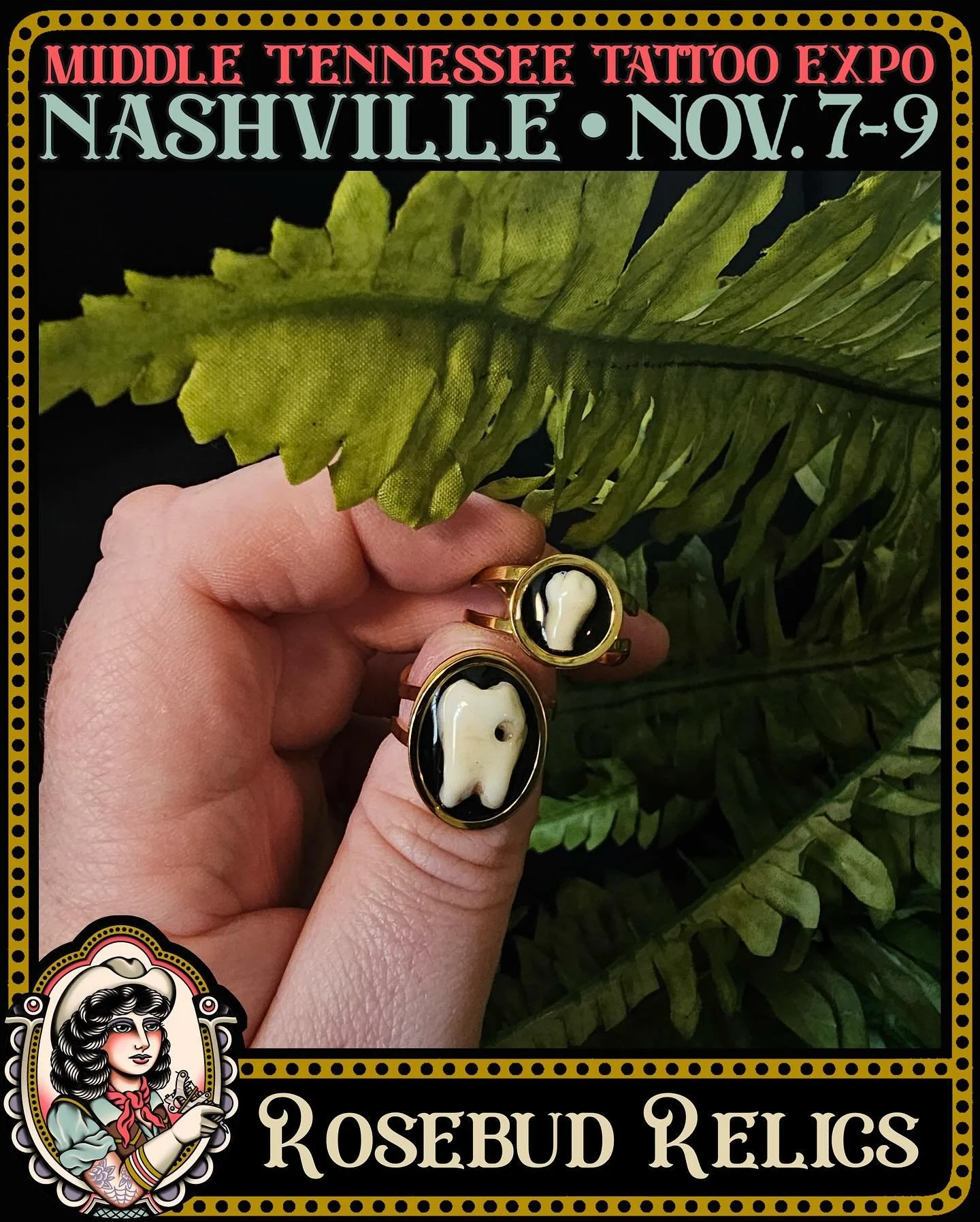 Bone to be wild 🦴 @rosebud_relics will be selling bone and teeth jewelry, macabre art, and haunting insect taxidermy - all handcrafted with a reverence for the strange and beautiful! 
&bull;
&bull;
&bull;
Middle Tennessee Tattoo Expo 
🗓️ Nov 7-9, 2