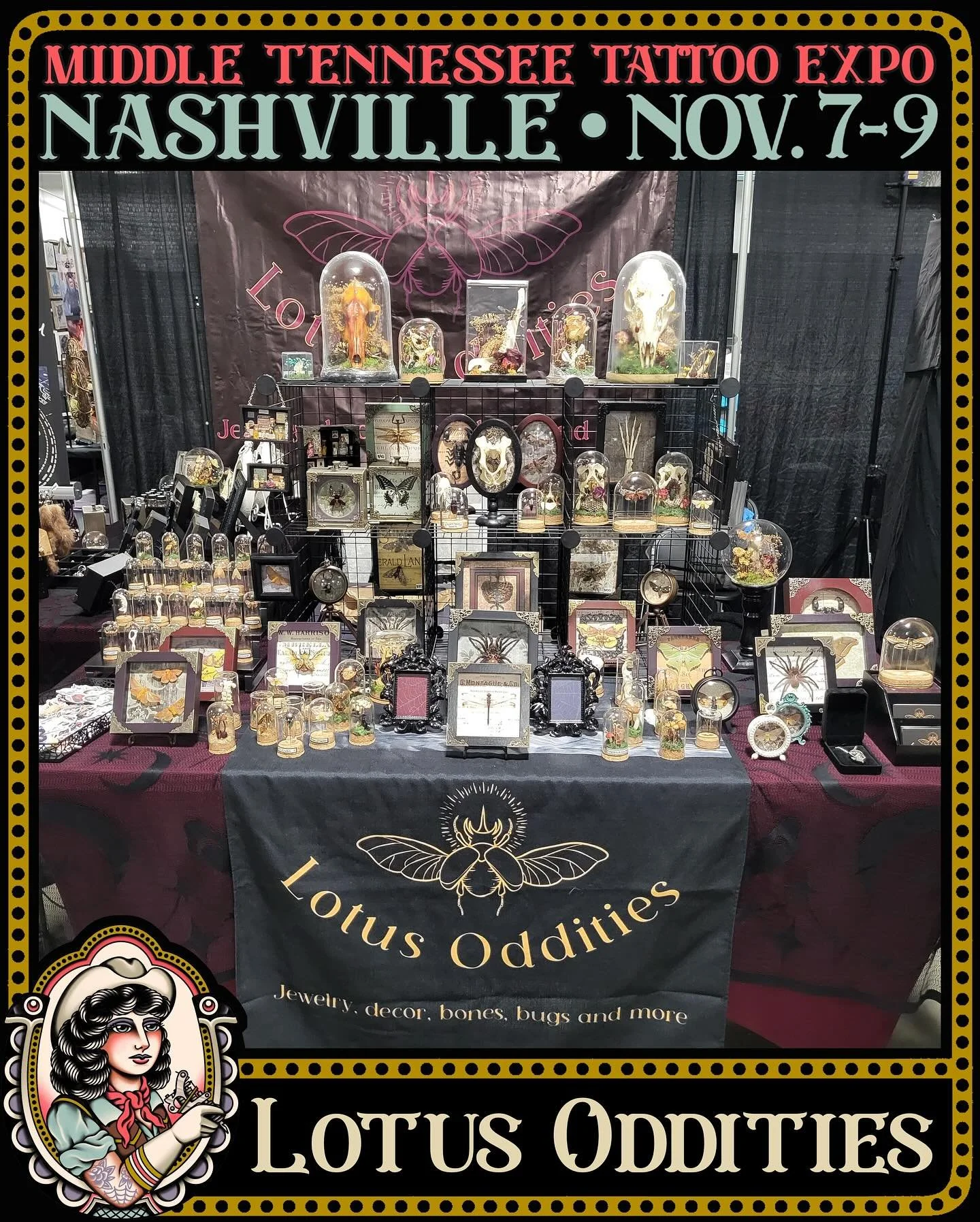 Weirdos welcome 🤪 @lotusoddities will be at the Middle Tennessee Tattoo Expo! Ashley specializes in skeletal articulation, animal bone art, preserved insects art, spider web preservation, small taxidermy, and more! Ashley processes everything hersel