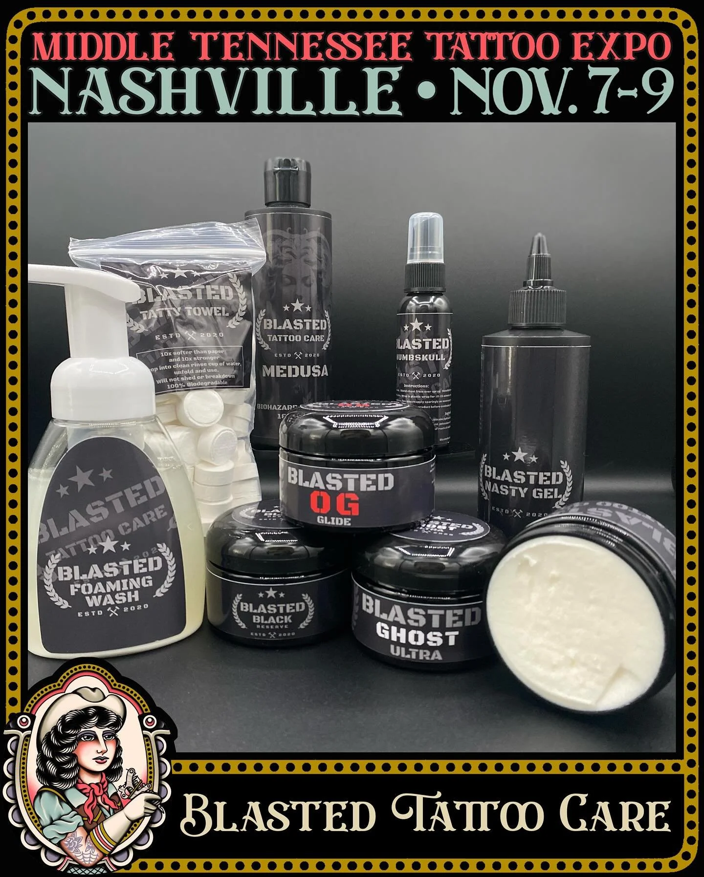 @blastedtattoocare will be back this year selling their extensive line of core artists products and aftercare supplies! Artists, be sure to pop by their booth to check out all that they offer. 
&bull;
&bull;
&bull;
Middle Tennessee Tattoo Expo 
🗓️ N
