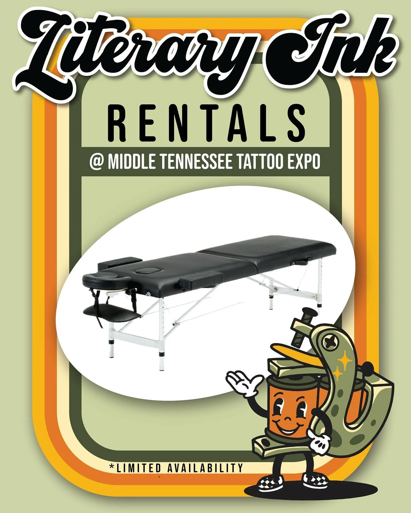 📣 ARTISTS LAST CALL 📣 Massage table rental orders are due this Saturday. Literary Ink are hauling these babies from Chattanooga for the show. LINK IN THE BIO.