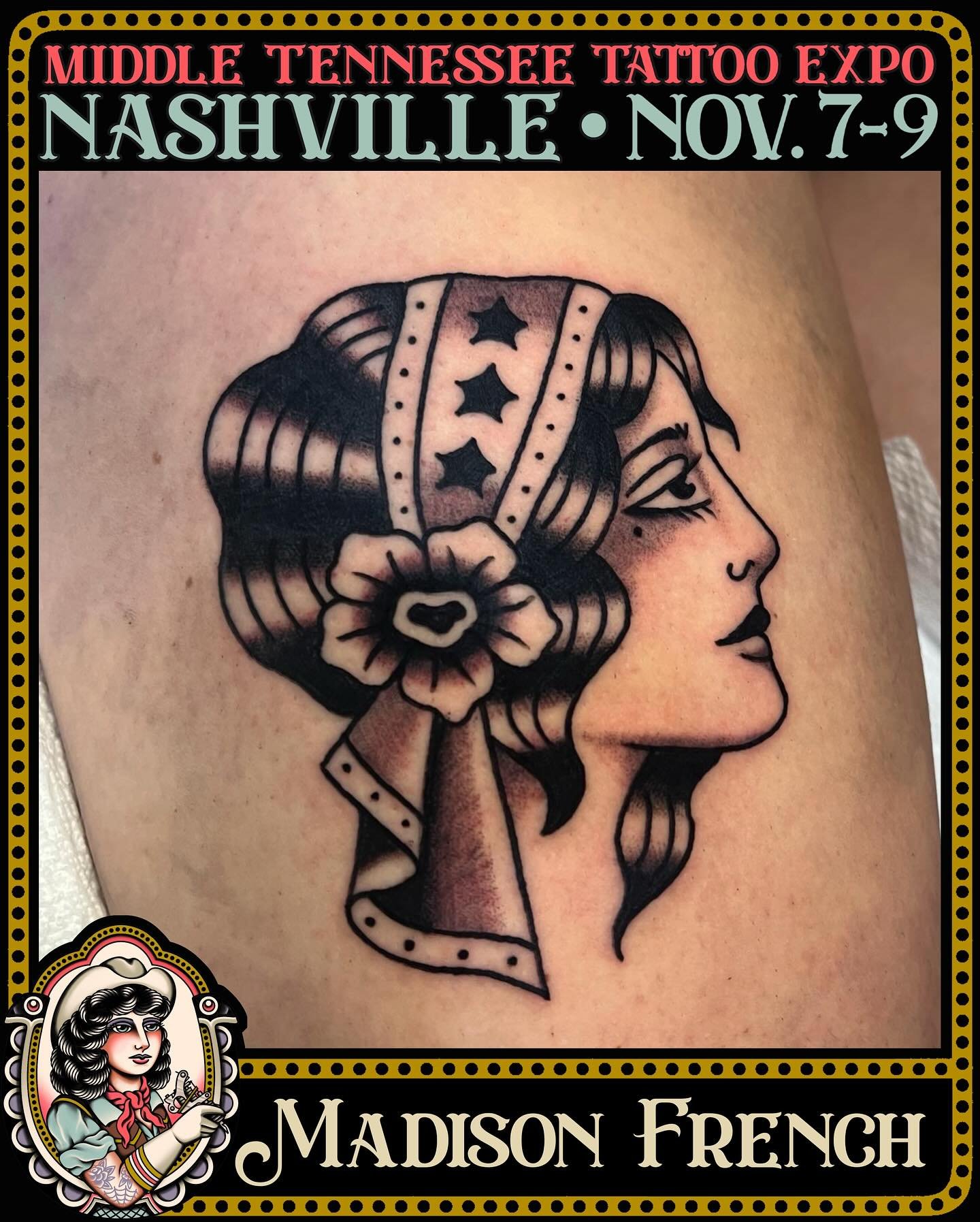 Tattoo me like one of your FRENCH girls! @madisonfrenchtattoos will be tattooing classic American traditional tattoos at the Middle Tennessee Tattoo Expo. Bring your ideas to Madison, pick from her flash at her booth, or book ahead via email madisonf
